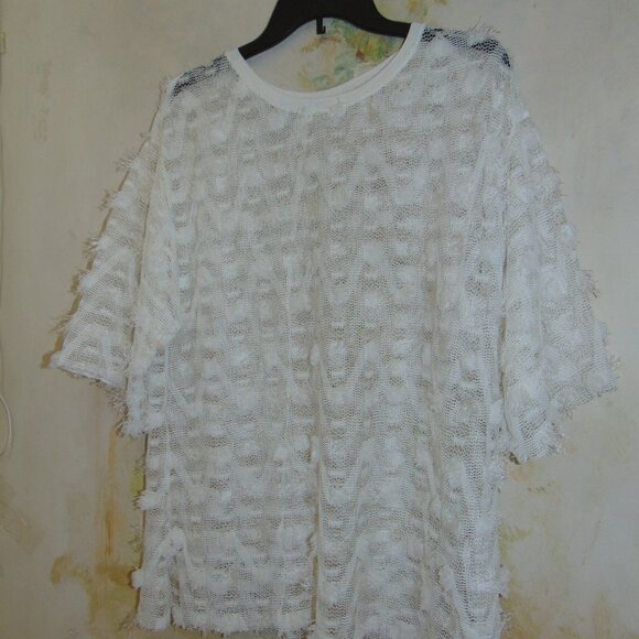 Zara Collection Top Womens Large White Mesh Furry Accent Lagen Look Chevron - Picture 3 of 7